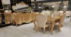 Casa Padrino Luxus Barock Esszimmer Set Rosa / Gold - 1 Barock Esstisch & 6 Barock Esszimmerstühle mit elegantem Muster - Esszimmer Möbel im Barockstil - Edel & Prunkvoll