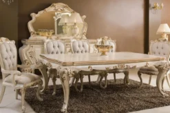 Casa Padrino Luxus Barock Esszimmer Set Creme / Gold - 1 Barock Esstisch & 6 Barock Esszimmerstühle - Barock Esszimmer Möbel - Luxus Möbel im Barockstil - Edel & Prunkvoll