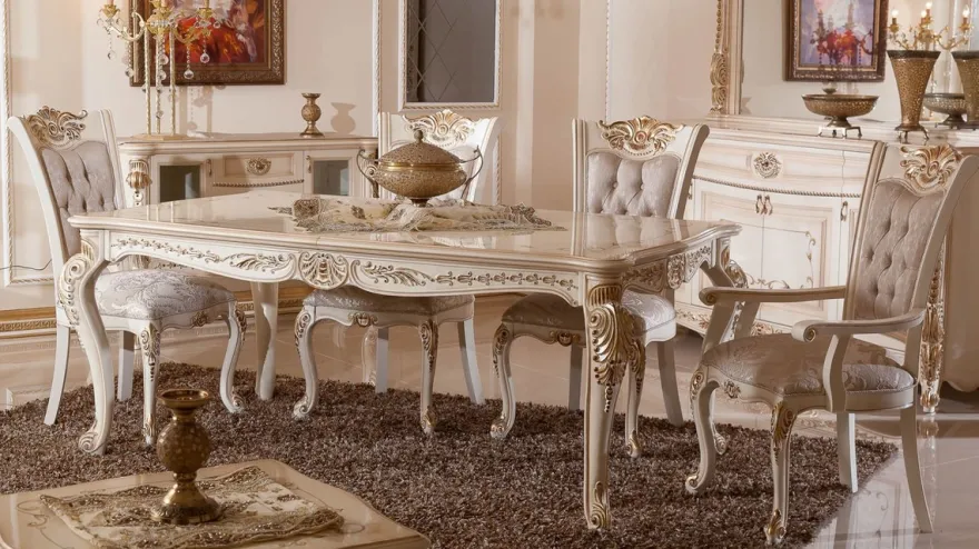 Casa Padrino Luxus Barock Esszimmer Set Grau / Weiß / Beige / Gold - 1 Barock Esstisch & 6 Barock Esszimmerstühle - Luxus Esszimmer Möbel im Barockstil - Prunkvolle Barock Esszimmer Möbel