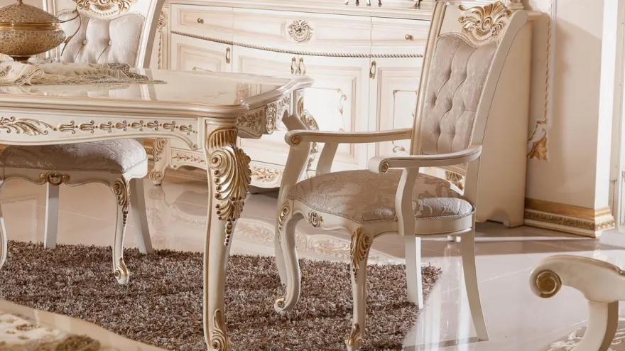 Casa Padrino Luxus Barock Esszimmer Set Grau / Weiß / Beige / Gold - 1 Barock Esstisch & 6 Barock Esszimmerstühle - Luxus Esszimmer Möbel im Barockstil - Prunkvolle Barock Esszimmer Möbel