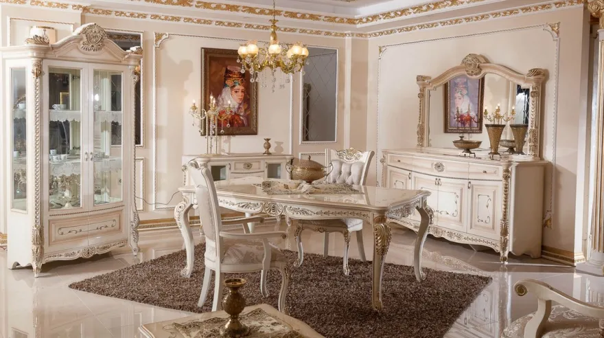 Casa Padrino Luxus Barock Esszimmer Set Grau / Weiß / Beige / Gold - 1 Barock Esstisch & 6 Barock Esszimmerstühle - Luxus Esszimmer Möbel im Barockstil - Prunkvolle Barock Esszimmer Möbel