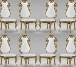 Casa Padrino Luxus Barock Esszimmer Stuhl Set Weiß / Silber / Antik Gold 55 x 55 x H. 120 cm - Prunkvolle gestreifte Küchen Stühle - Barock Stühle 8er Set - Esszimmer Möbel