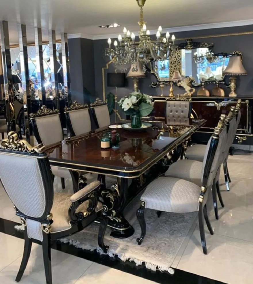 Casa Padrino Luxus Barock Esszimmer Set Braun / Silber / Schwarz / Gold - 1 Barock Esstisch & 8 Barock Esszimmerstühle - Barock Esszimmer Möbel - Edel & Prunkvoll