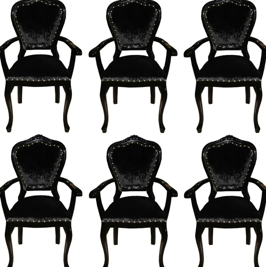 Casa Padrino Luxus Barock Esszimmer Set Schwarz / Schwarz 60 x 47 x H. 99 cm - 6 handgefertigte Esszimmerstühle mit Armlehnen - Barock Esszimmermöbel