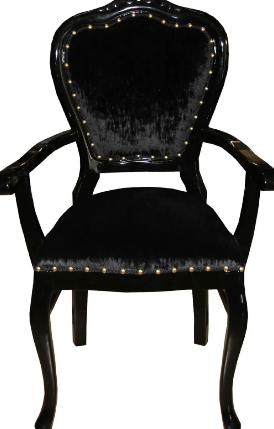Casa Padrino Luxus Barock Esszimmer Set Schwarz / Schwarz 60 x 47 x H. 99 cm - 6 handgefertigte Esszimmerstühle mit Armlehnen - Barock Esszimmermöbel