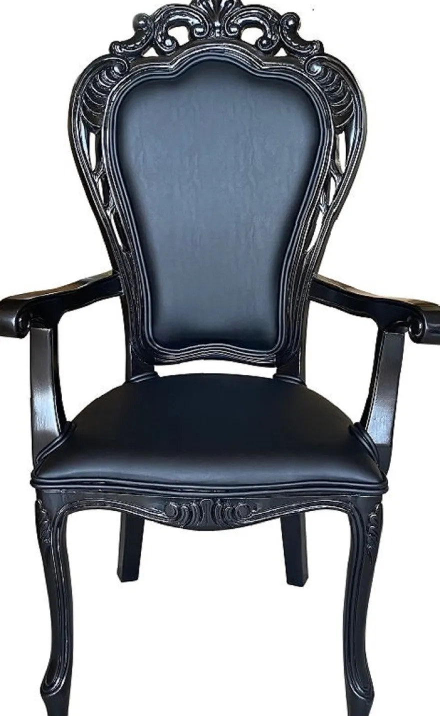 Casa Padrino Luxus Barock Esszimmer Stuhl Schwarz / Schwarz - Handgefertigter Antik Stil Stuhl mit Armlehnen und edlem Kunstleder - Esszimmer Möbel im Barockstil