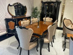Casa Padrino Luxus Barock Esszimmer Set Gold / Braun / Schwarz / Silber - 1 Barock Esstisch & 6 Barock Esszimmerstühle - Barock Esszimmer Möbel - Edel & Prunkvoll