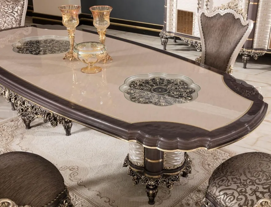 Casa Padrino Luxus Barock Esstisch Grau / Braun / Gold - Prunkvoller Massivholz Esszimmertisch im Barockstil - Barock Esszimmer Möbel - Edel & Prunkvoll