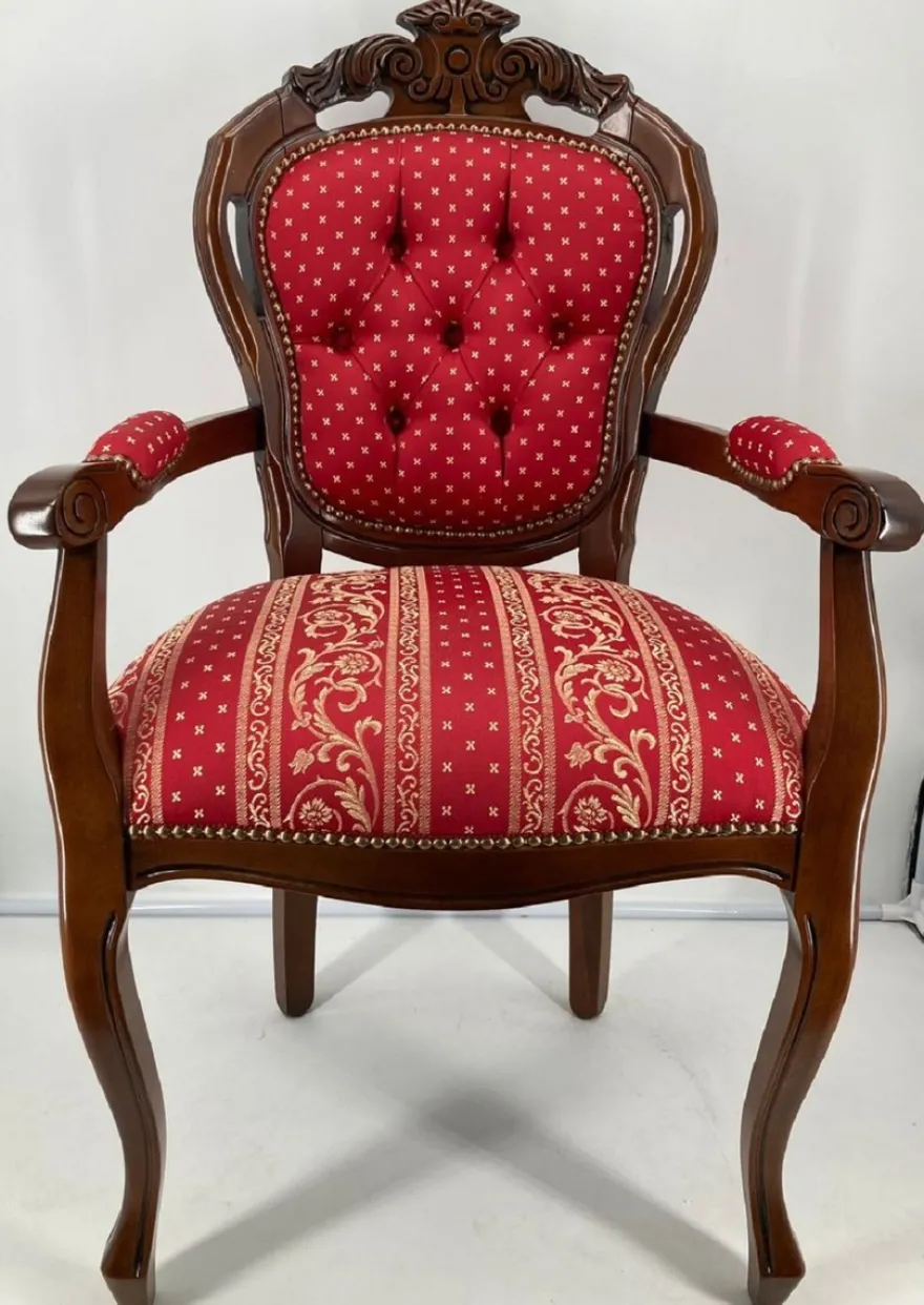 Casa Padrino Luxus Barock Esszimmerstuhl mit Armlehnen Bordeauxrot / Gold / Braun - Prunkvoller Stuhl mit elegantem Muster - Barock Esszimmer Möbel - Luxus Qualität - Made in Italy