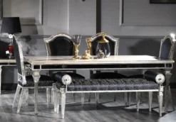 Casa Padrino Luxus Barock Esszimmer Set Schwarz / Antik Silber - 1 Barock Esstisch & 4 Barock Esszimmerstühle & 1 Barock Sitzbank - Luxus Esszimmer Möbel im Barockstil - Edel & Prunkvoll