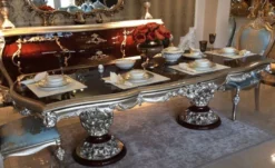 Casa Padrino Luxus Barock Esstisch Dunkelbraun / Silber - Hochwertiger handgefertigter Massivholz Esszimmertisch im Barockstil - Barock Esszimmer Möbel - Edel & Prunkvoll