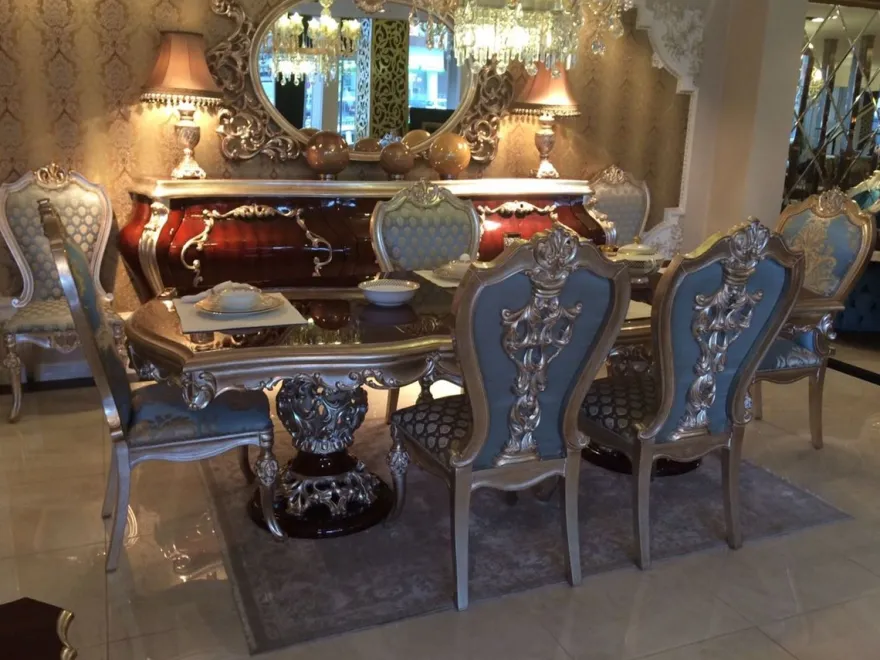 Casa Padrino Luxus Barock Esstisch Dunkelbraun / Silber - Hochwertiger handgefertigter Massivholz Esszimmertisch im Barockstil - Barock Esszimmer Möbel - Edel & Prunkvoll