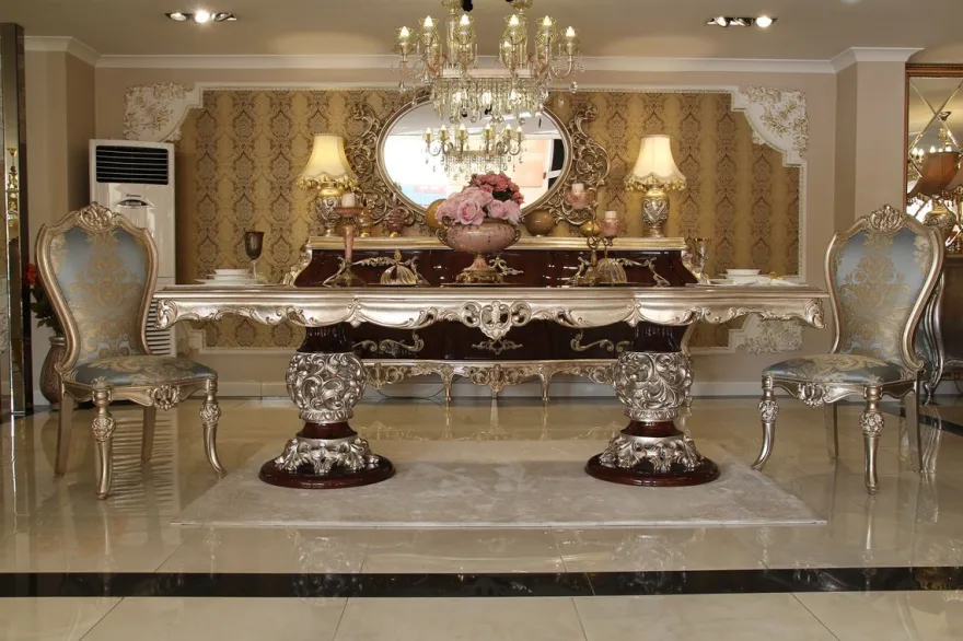 Casa Padrino Luxus Barock Esstisch Dunkelbraun / Silber - Hochwertiger handgefertigter Massivholz Esszimmertisch im Barockstil - Barock Esszimmer Möbel - Edel & Prunkvoll
