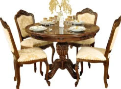 Casa Padrino Luxus Barock Esszimmer Set Creme / Dunkelbraun - 1 Ausziehbarer Barock Esstisch & 4 Barock Esszimmerstühle - Barock Esszimmer Möbel - Luxus Möbel im Barockstil - Edel & Prunkvoll