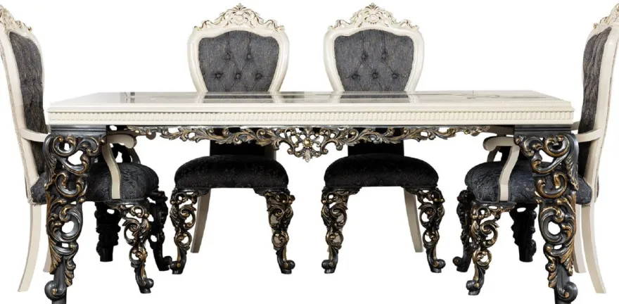Casa Padrino Luxus Barock Esszimmer Stuhl 6er Set Blau / Weiß / Gold - Prunkvolle Barockstil Küchen Stühle - Luxus Esszimmer Möbel im Barockstil - Barock Esszimmer Möbel - Barockstil Möbel