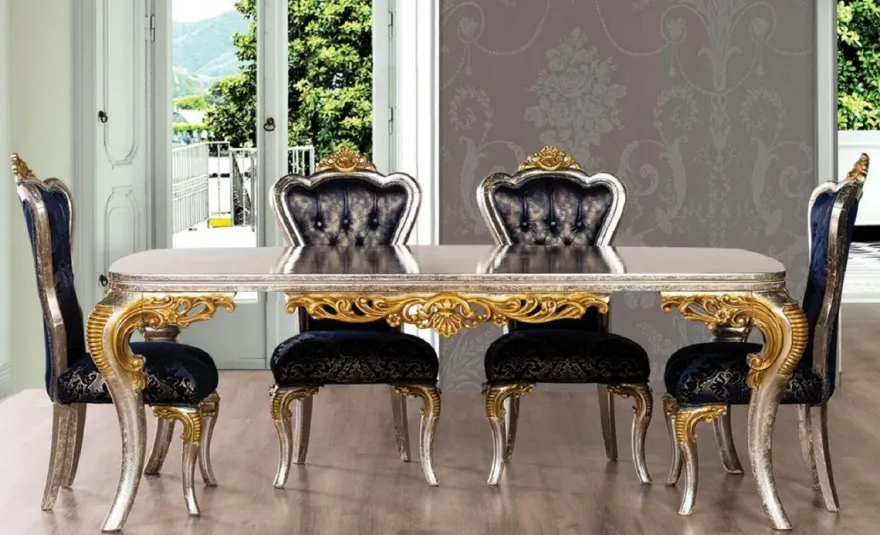 Casa Padrino Luxus Barock Esszimmer Set Royalblau / Silber / Gold - 1 Barock Esstisch & 6 Barock Esszimmerstühle - Esszimmer Möbel im Barockstil - Edel & Prunkvoll