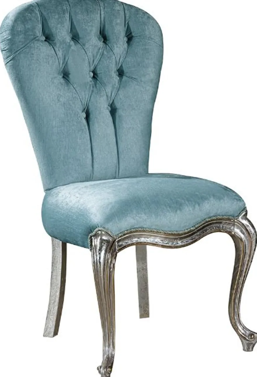 Casa Padrino Luxus Barock Esszimmer Set Hellblau / Silber - 1 Esstisch & 6 Esszimmerstühle - Barock Esszimmer Möbel - Edel & Prunkvoll
