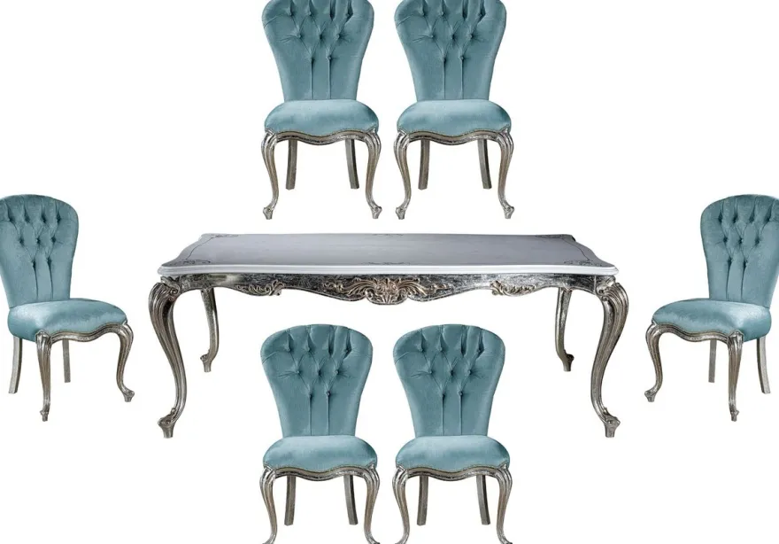 Casa Padrino Luxus Barock Esszimmer Set Hellblau / Silber - 1 Esstisch & 6 Esszimmerstühle - Barock Esszimmer Möbel - Edel & Prunkvoll