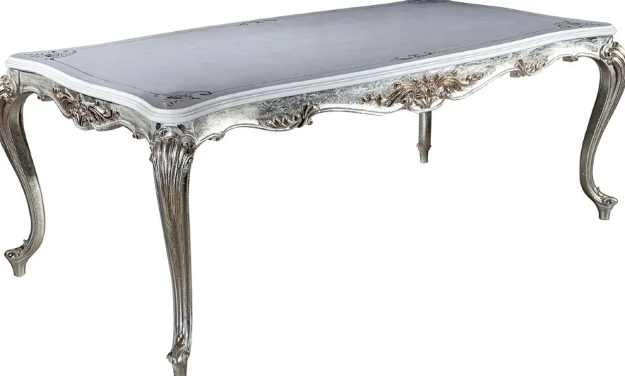 Casa Padrino Luxus Barock Esszimmer Set Hellblau / Silber - 1 Esstisch & 6 Esszimmerstühle - Barock Esszimmer Möbel - Edel & Prunkvoll