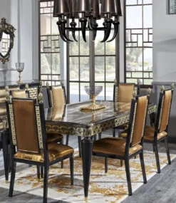 Casa Padrino Luxus Barock Esszimmer Set Gold / Schwarz - 1 Esstisch und 6 Esszimmerstühle - Esszimmermöbel im Barockstil