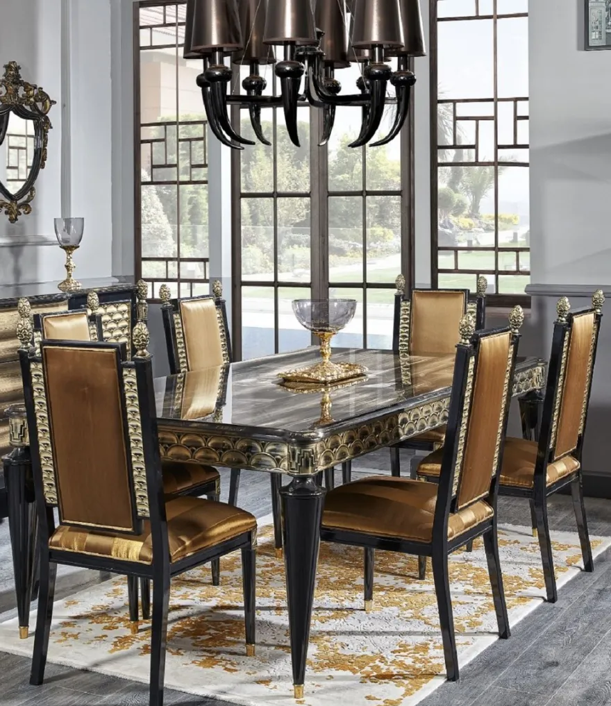 Casa Padrino Luxus Barock Esszimmer Set Gold / Schwarz - 1 Esstisch und 6 Esszimmerstühle - Esszimmermöbel im Barockstil