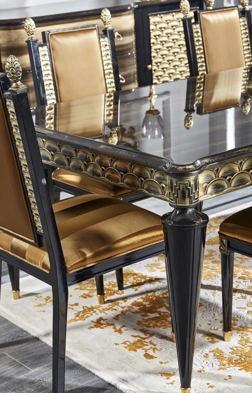 Casa Padrino Luxus Barock Esszimmer Set Gold / Schwarz - 1 Esstisch und 6 Esszimmerstühle - Esszimmermöbel im Barockstil
