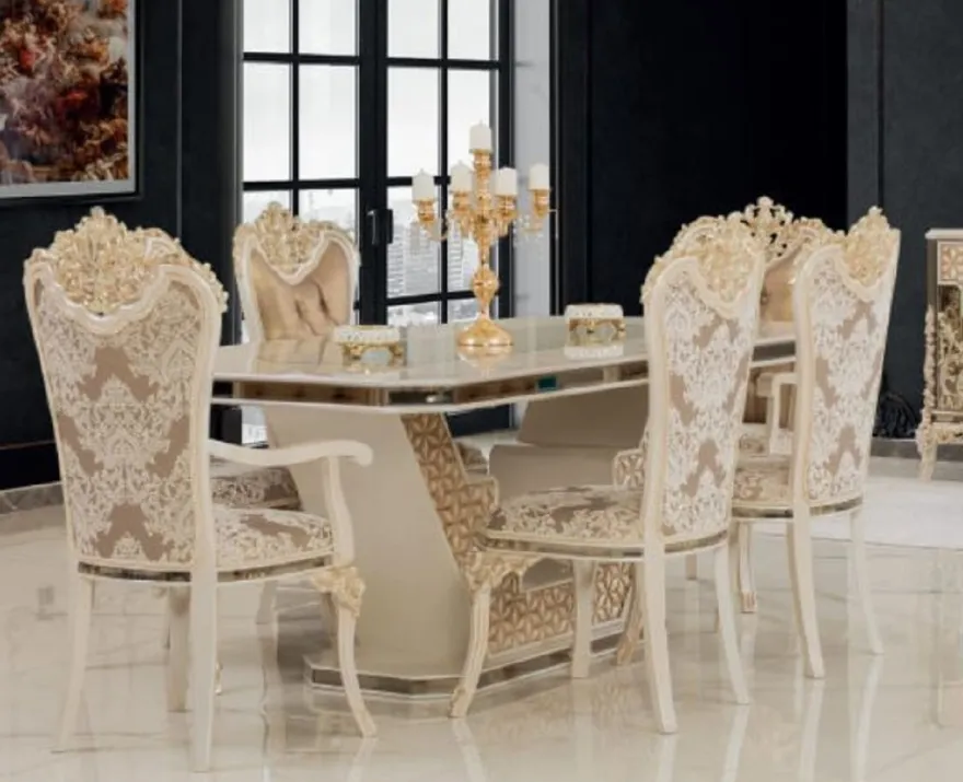 Casa Padrino Luxus Barock Esszimmer Set Weiß / Gold - 1 Esstisch & 8 Esszimmerstühle - Esszimmer Möbel im Barockstil - Edel & Prunkvoll