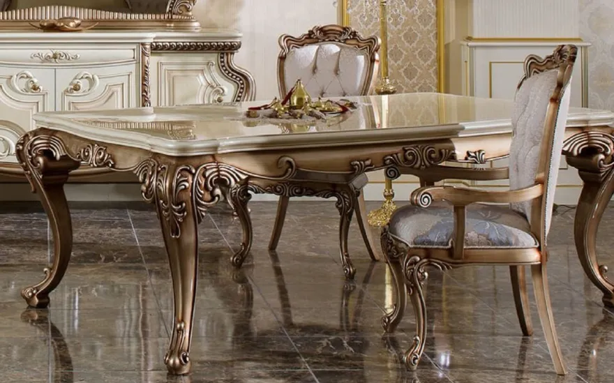 Casa Padrino Luxus Barock Esstisch Weiß / Beige / Kupferfarben - Prunkvoller Massivholz Esszimmertisch im Barockstil - Prunkvolle Barock Esszimmer Möbel