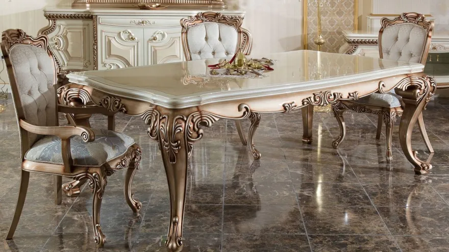 Casa Padrino Luxus Barock Esstisch Weiß / Beige / Kupferfarben - Prunkvoller Massivholz Esszimmertisch im Barockstil - Prunkvolle Barock Esszimmer Möbel