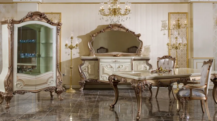 Casa Padrino Luxus Barock Esstisch Weiß / Beige / Kupferfarben - Prunkvoller Massivholz Esszimmertisch im Barockstil - Prunkvolle Barock Esszimmer Möbel
