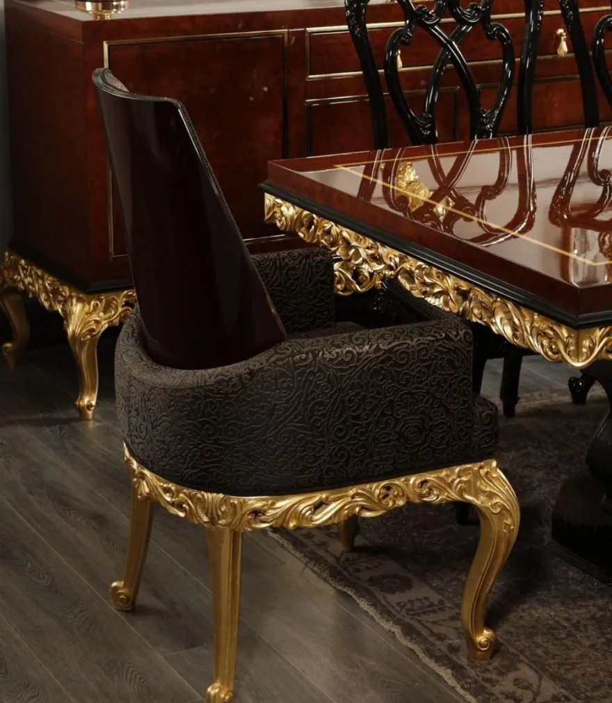 Casa Padrino Luxus Barock Esszimmer Stuhl mit Armlehnen Grau / Dunkelbraun / Gold H. 116 cm - Barock Möbel