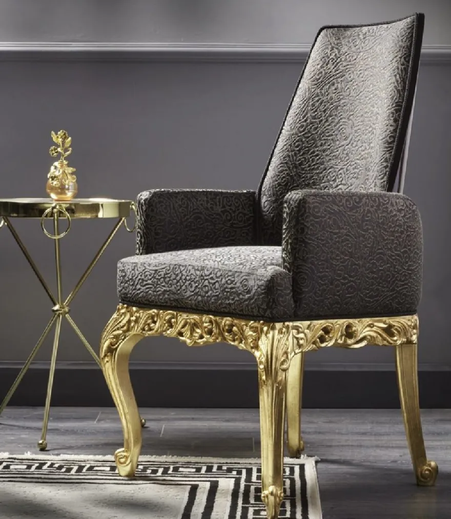 Casa Padrino Luxus Barock Esszimmer Stuhl mit Armlehnen Grau / Dunkelbraun / Gold H. 116 cm - Barock Möbel