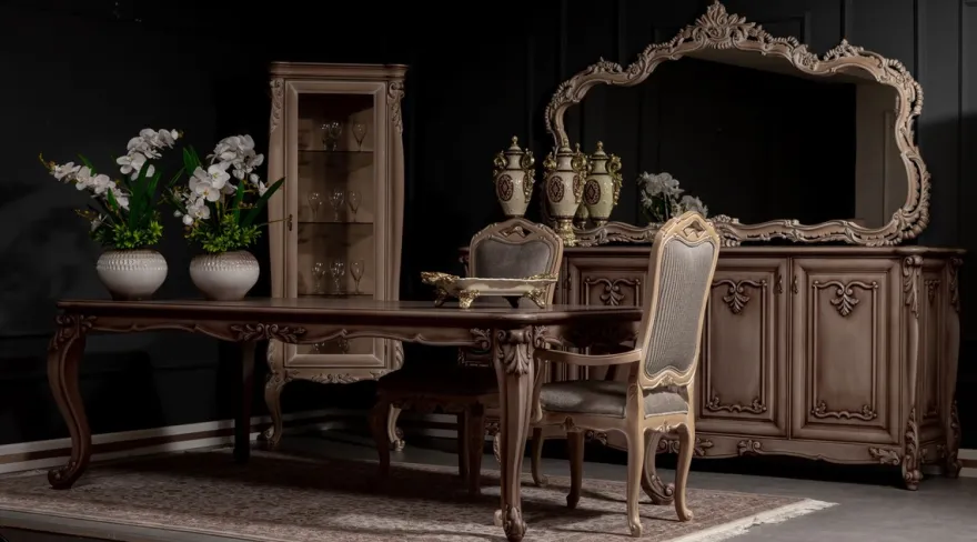 Casa Padrino Luxus Barock Esszimmer Set Braun / Grau / Naturfarben - 1 Barock Esstisch & 8 Barock Esszimmerstühle - Prunkvolle Esszimmer Möbel im Barockstil