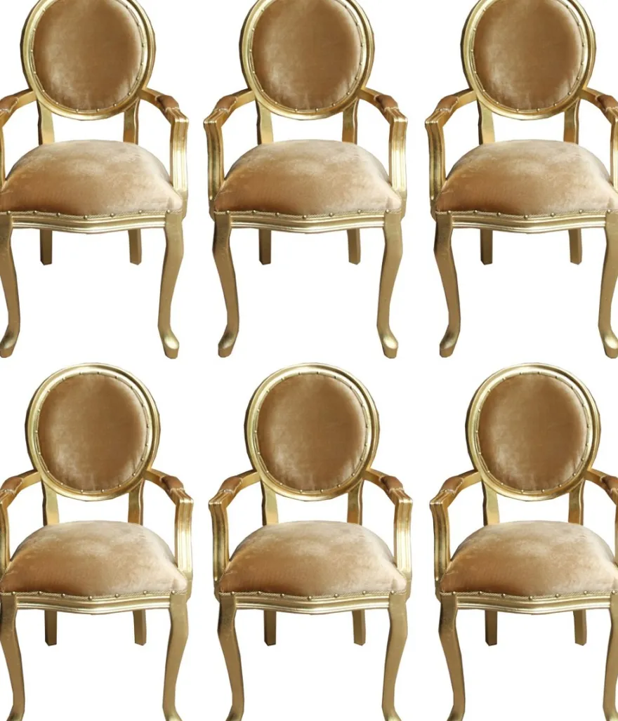 Casa Padrino Luxus Barock Esszimmer Set Medaillon Gold / Gold 58 x 54 x H. 103 cm - 6 handgefertigte Esszimmerstühle mit Armlehnen - Barockmöbel