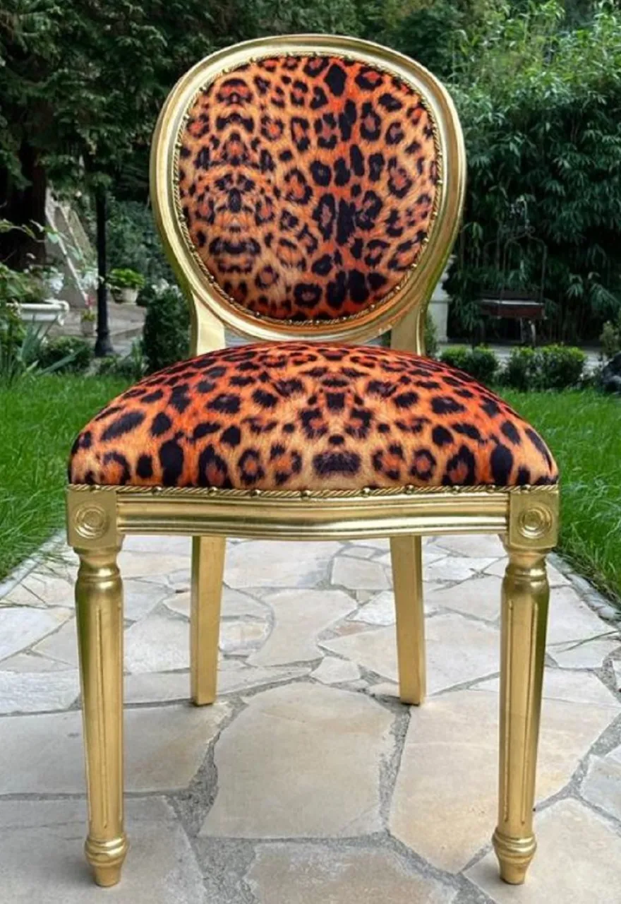 Casa Padrino Luxus Barock Esszimmer Stuhl Leopard / Gold - Handgefertigter Barockstil Stuhl mit edlem Kunstfell - Esszimmer Möbel im Barockstil - Barock Möbel - Barock Einrichtung