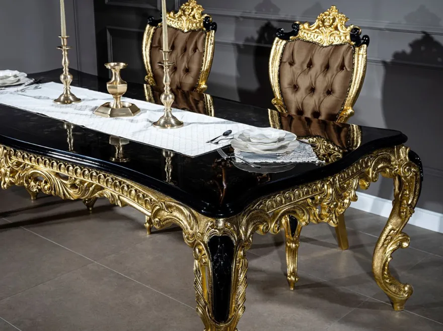 Casa Padrino Luxus Barock Esszimmer Set Braun / Schwarz / Gold - 1 Esstisch & 6 Esszimmerstühle - Prunkvolle Esszimmer Möbel im Barockstil