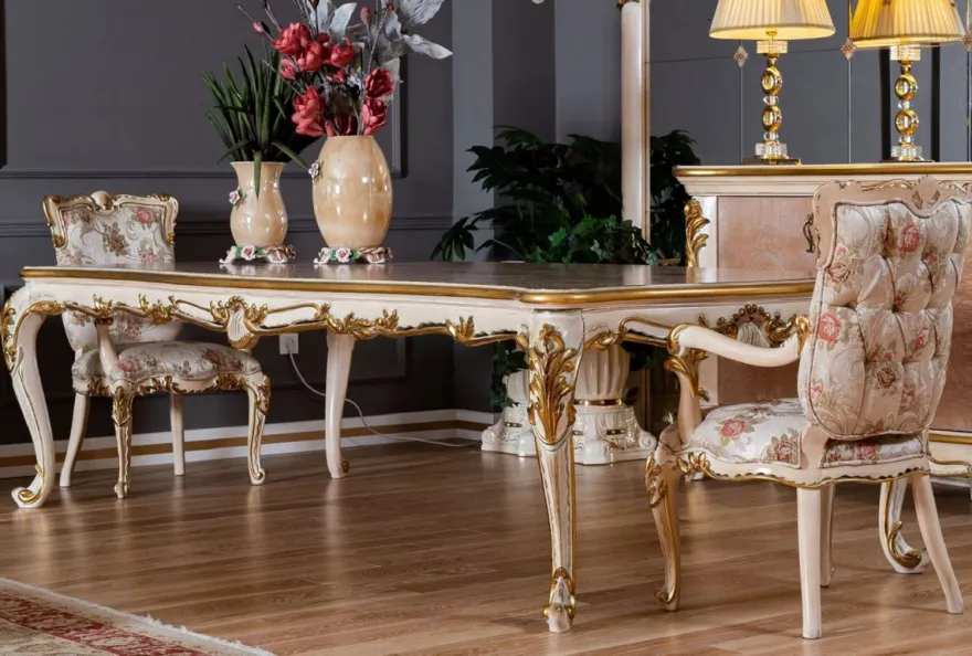 Casa Padrino Luxus Barock Esszimmer Set - 1 Barock Esstisch & 8 Barock Esszimmerstühle mit elegantem Muster - Prunkvolle Esszimmer Möbel im Barockstil