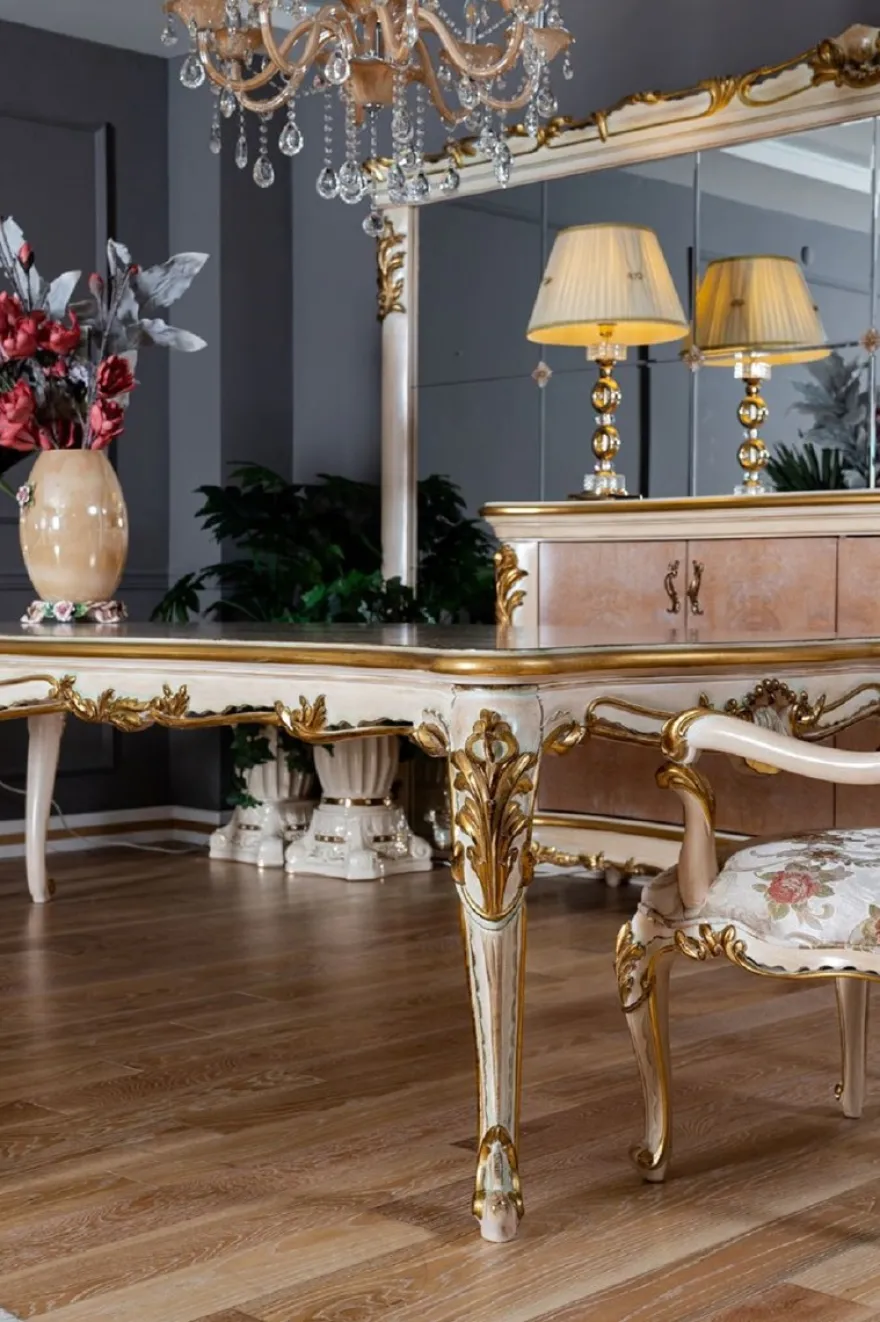 Casa Padrino Luxus Barock Esszimmer Set - 1 Barock Esstisch & 8 Barock Esszimmerstühle mit elegantem Muster - Prunkvolle Esszimmer Möbel im Barockstil