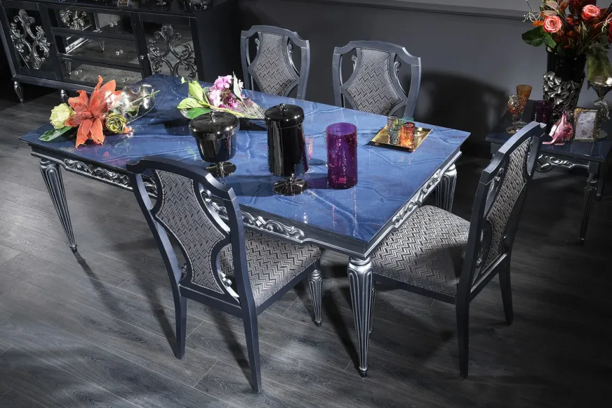 Casa Padrino Luxus Barock Esszimmer Set Blau / Grau / Silber - Esstisch und 4 Esszimmerstühle - Barock Esszimmermöbel