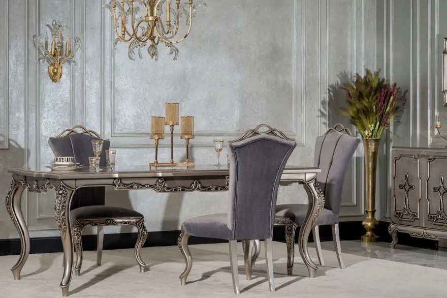 Casa Padrino Luxus Barock Esszimmer Stuhl 4er Set Grau / Silber - Prunkvolle Barockstil Küchen Stühle - Luxus Esszimmer Möbel im Barockstil - Barock Esszimmer Möbel - Barockstil Möbel
