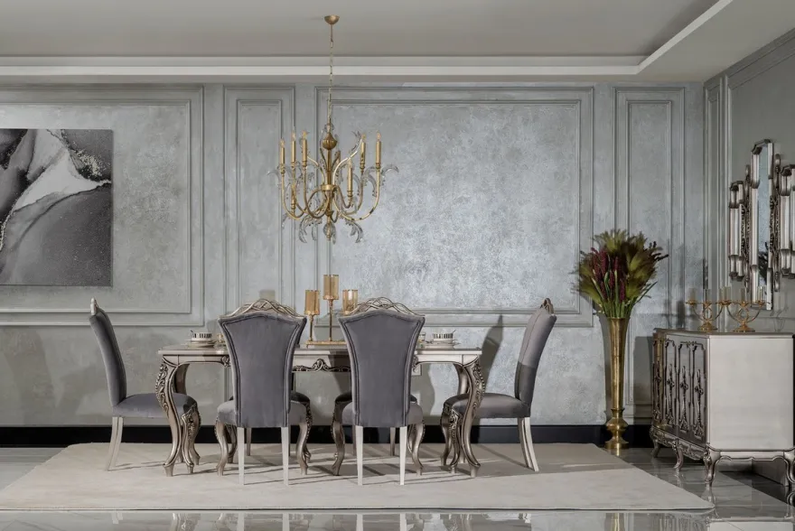 Casa Padrino Luxus Barock Esszimmer Stuhl 4er Set Grau / Silber - Prunkvolle Barockstil Küchen Stühle - Luxus Esszimmer Möbel im Barockstil - Barock Esszimmer Möbel - Barockstil Möbel
