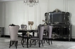 Casa Padrino Luxus Barock Esszimmer Stuhl mit Armlehnen Silber / Schwarz / Silber - Prunkvoller Barockstil Küchen Stuhl - Luxus Esszimmer Möbel im Barockstil - Barock Möbel - Edel & Prunkvoll