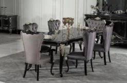 Casa Padrino Luxus Barock Esszimmer Stuhl mit Armlehnen Silber / Schwarz / Silber - Prunkvoller Barockstil Küchen Stuhl - Luxus Esszimmer Möbel im Barockstil - Barock Möbel - Edel & Prunkvoll