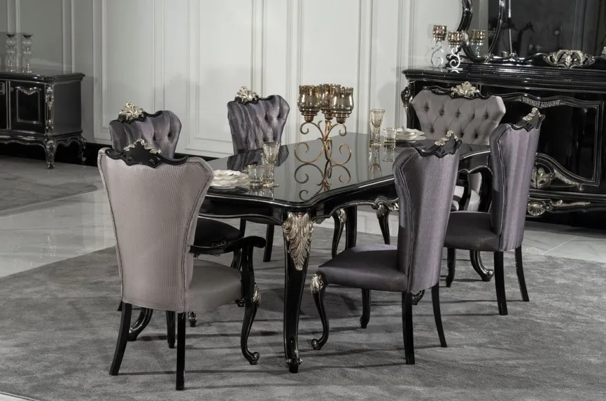 Casa Padrino Luxus Barock Esszimmer Stuhl mit Armlehnen Silber / Schwarz / Silber - Prunkvoller Barockstil Küchen Stuhl - Luxus Esszimmer Möbel im Barockstil - Barock Möbel - Edel & Prunkvoll
