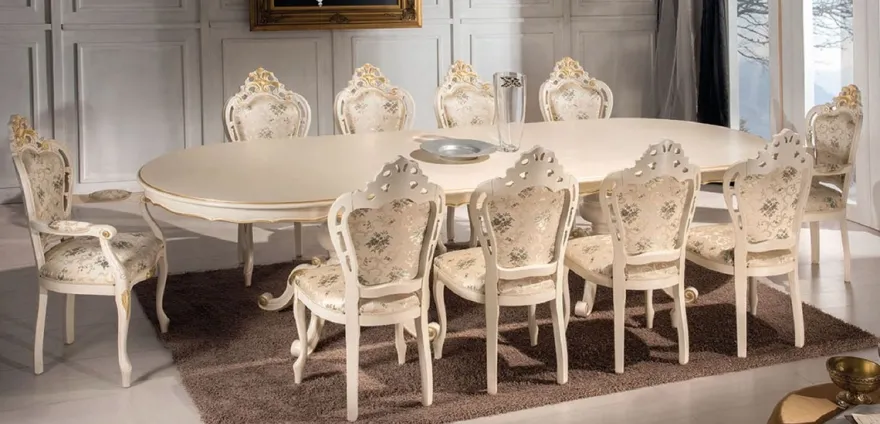Casa Padrino Luxus Barock Esszimmer Set Elfenbein / Mehrfarbig / Gold - 1 Esstisch 350 cm & 10 Esszimmer Stühle - Barock Möbel