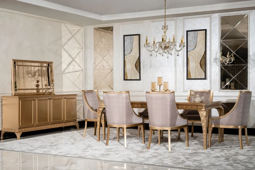 Casa Padrino Luxus Barock Esszimmer Set Grau / Gold - 1 Barock Esstisch & 6 Barock Esszimmerstühle - Luxus Esszimmer Möbel im Barockstil - Prunkvolle Barock Esszimmer Möbel