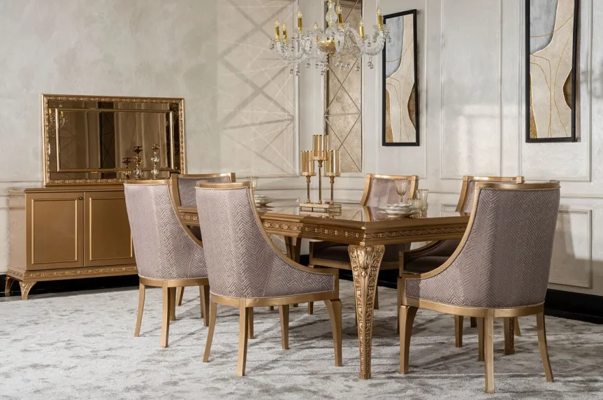 Casa Padrino Luxus Barock Esszimmer Set Grau / Gold - 1 Barock Esstisch & 6 Barock Esszimmerstühle - Luxus Esszimmer Möbel im Barockstil - Prunkvolle Barock Esszimmer Möbel
