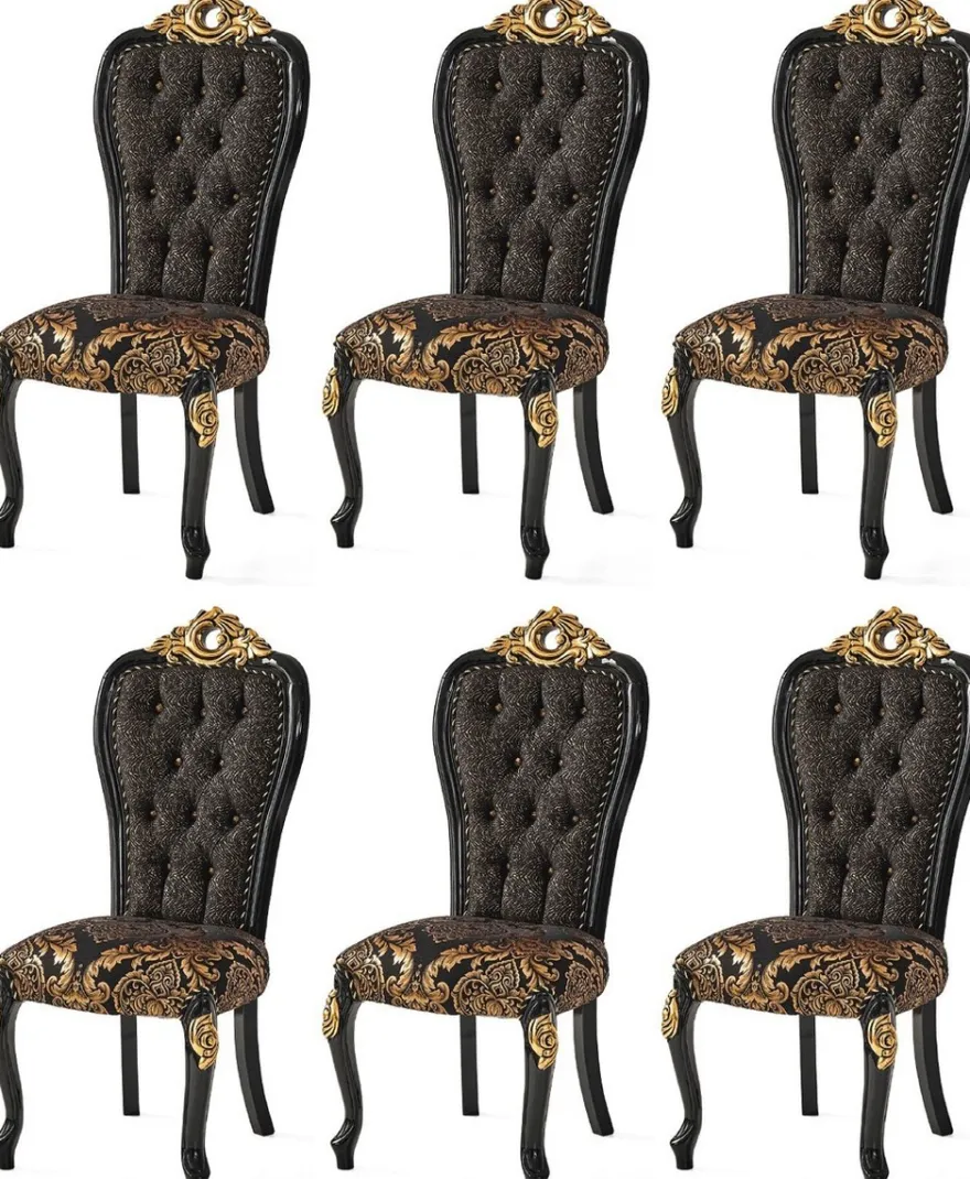 Casa Padrino Luxus Barock Esszimmerstuhl Set Schwarz / Gold 54 x 50 x H. 117 cm - Küchen Stühle 6er Set - Barock Esszimmer Möbel - Edel & Prunkvoll