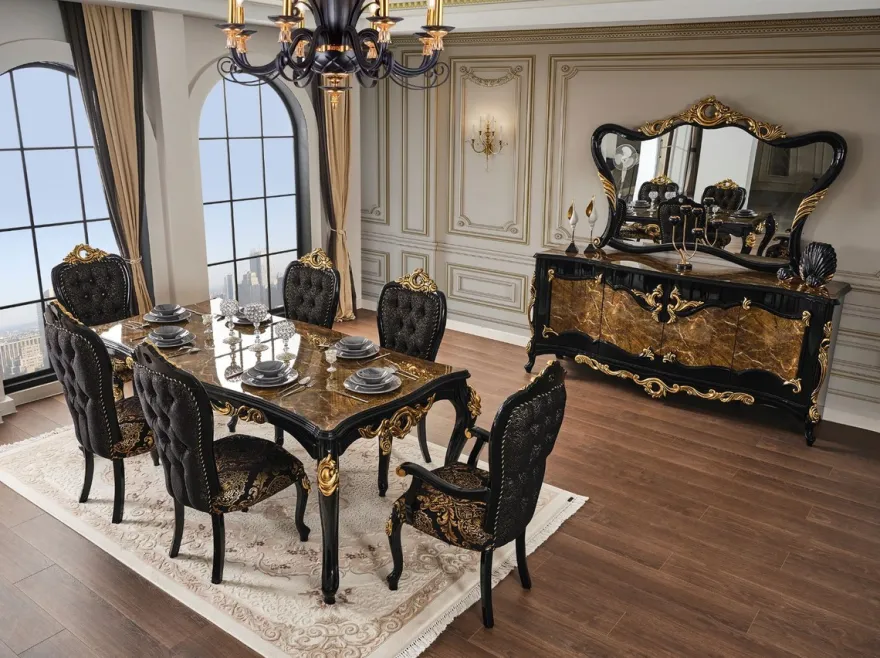 Casa Padrino Luxus Barock Esszimmerstuhl Set Schwarz / Gold 54 x 50 x H. 117 cm - Küchen Stühle 6er Set - Barock Esszimmer Möbel - Edel & Prunkvoll