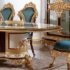 Casa Padrino Luxus Barock Esszimmer Set Weiß / Braun / Blau / Gold - 1 Barock Esstisch & 6 Barock Esszimmerstühle - Barock Esszimmer Möbel - Edel & Prunkvoll